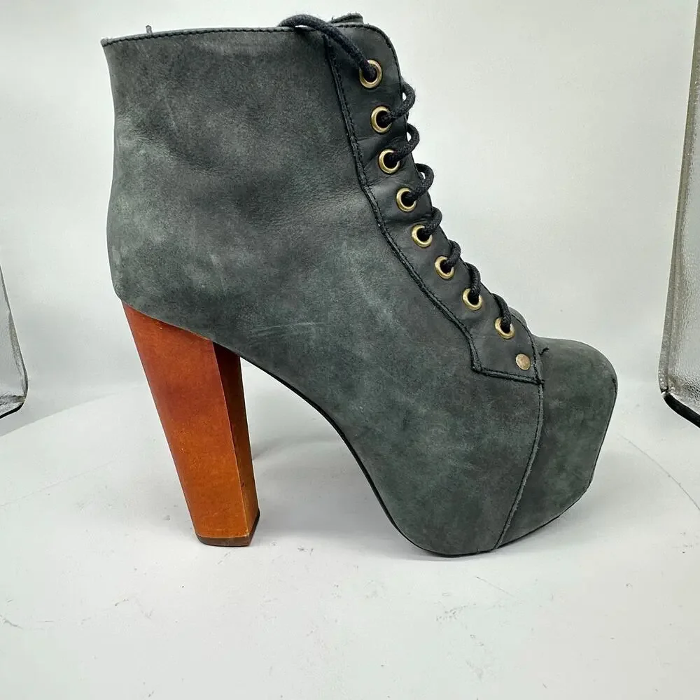 Jeffrey Campbell Lita Chunky Platform Gray Wooden Heel Leather Bootie Size 6.5